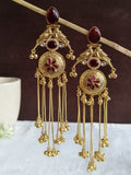 Elegant gold long statement earrings with red touch